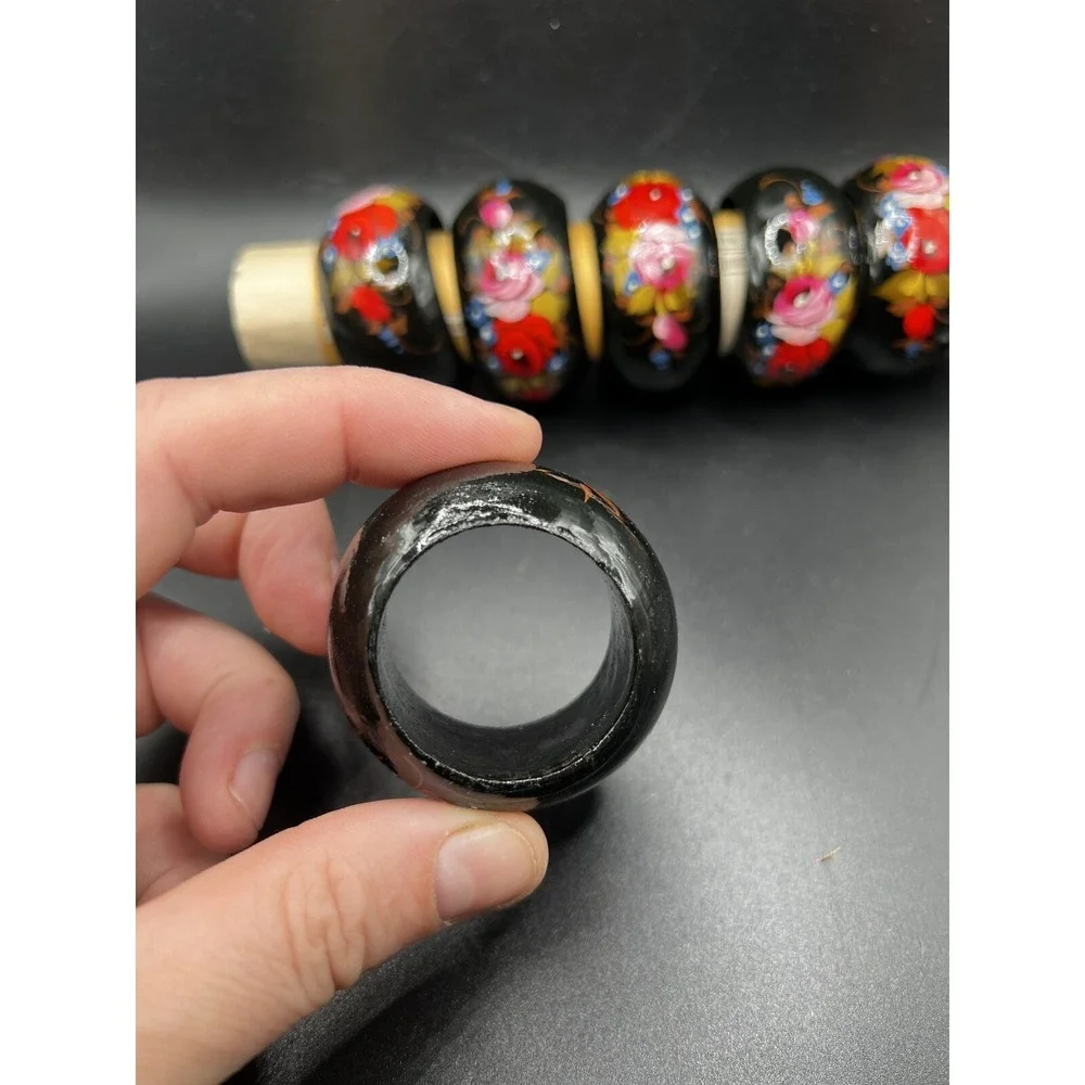 Set of 6 Russian Hand-Painted Wooden Napkin Rings Black Lacquered Roses Flowers